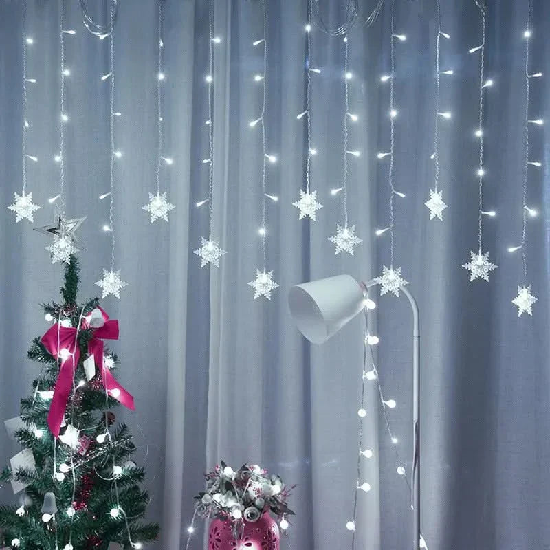 Decoração Natalina: Cortina de Luzes LED em Formato de Floco de Neve