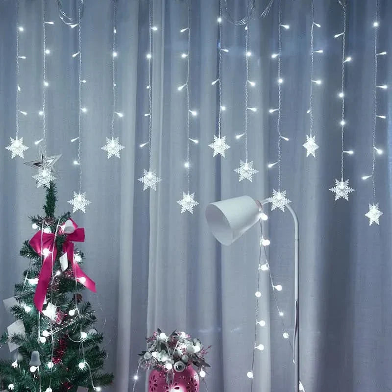 Decoração Natalina: Cortina de Luzes LED em Formato de Floco de Neve