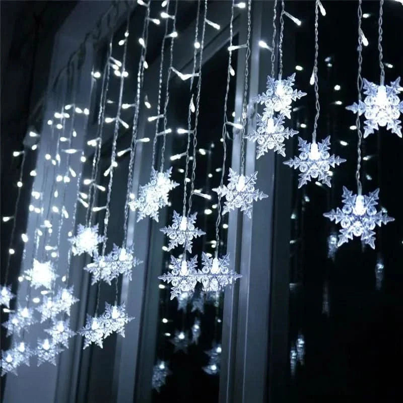 Decoração Natalina: Cortina de Luzes LED em Formato de Floco de Neve