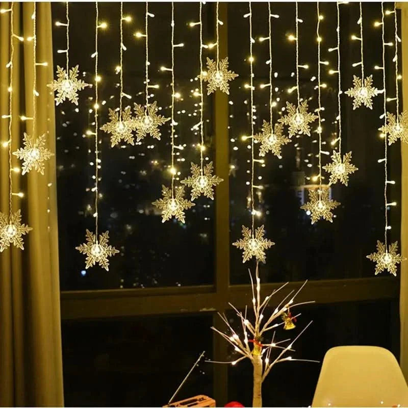 Decoração Natalina: Cortina de Luzes LED em Formato de Floco de Neve