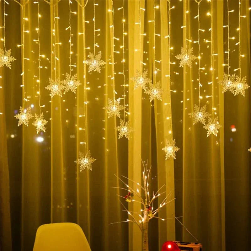 Decoração Natalina: Cortina de Luzes LED em Formato de Floco de Neve