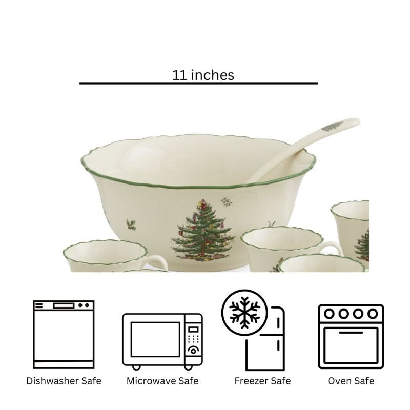 Conjunto de 10 Peças de Porcelana com Estampa de Árvore de Natal