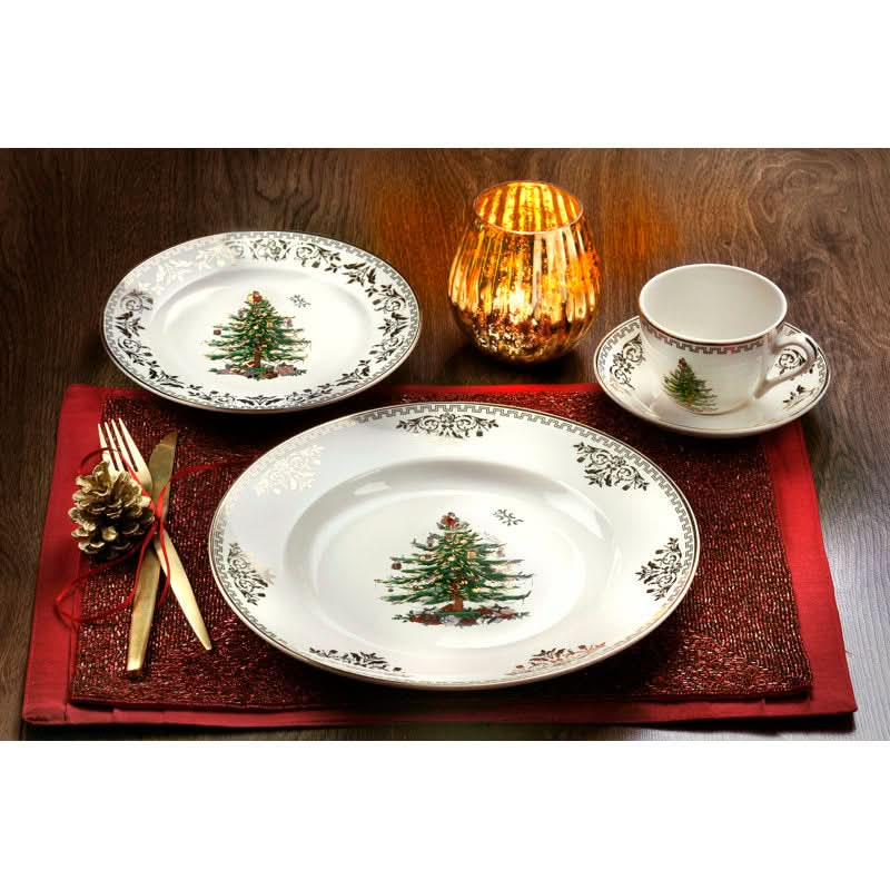 Conjunto de 4 Peças com Estampa de Árvore de Natal e Detalhes Dourados - Serviço Individual