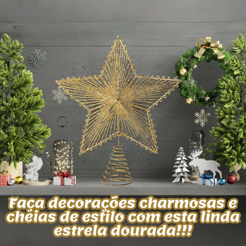 Estrela Metalizada de 24cm com Glitter para Árvore de Natal