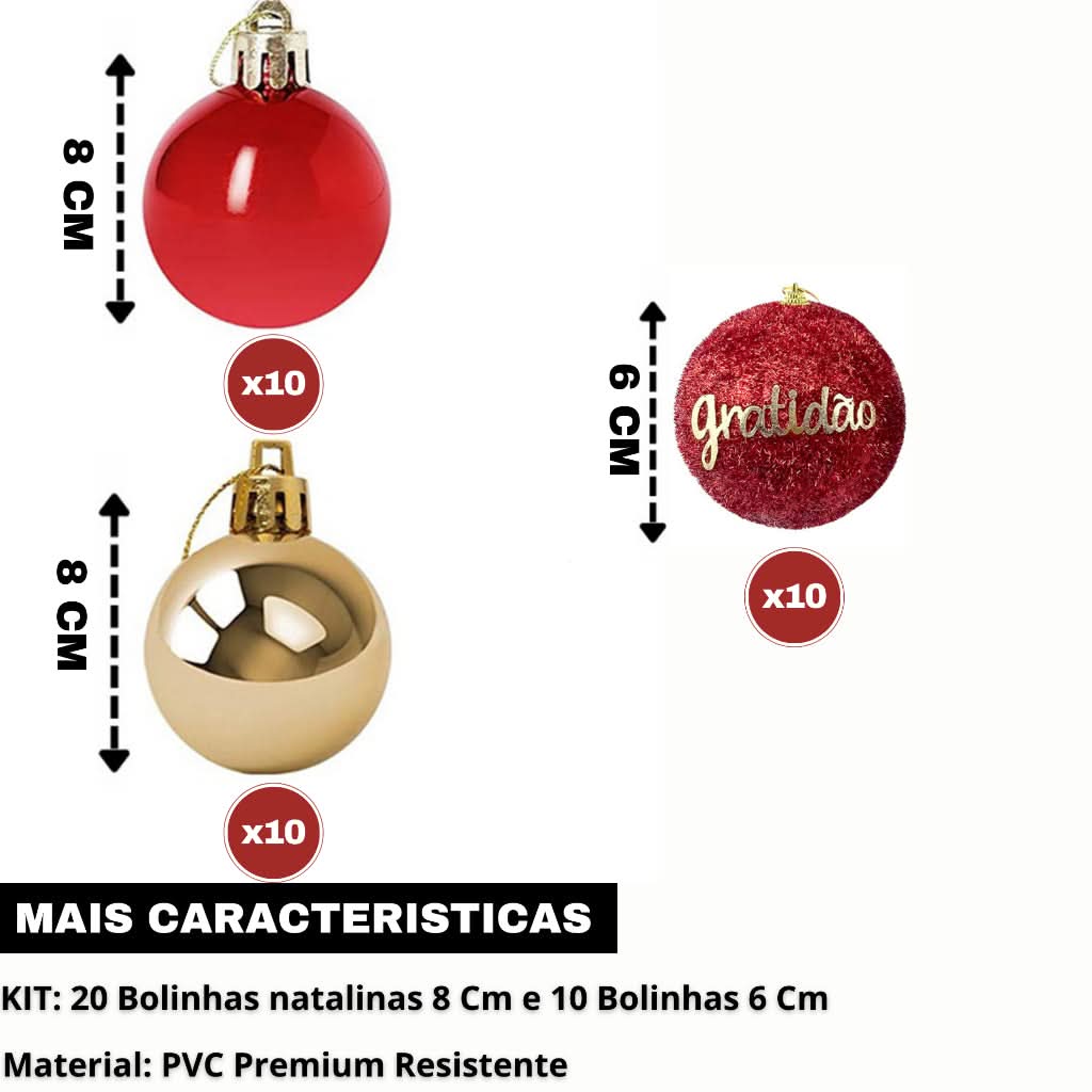 Conjunto de 30 Bolinhas de Natal Coloridas - 8/6 cm