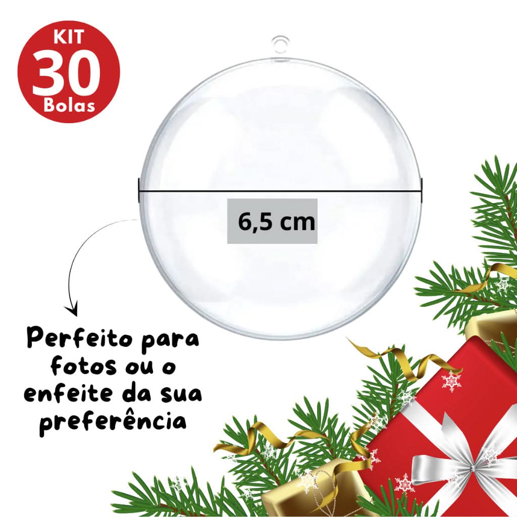 Conjunto com 30 Esferas Acrílicas de Natal para Fotos e Lembrancinhas - 6,5 cm