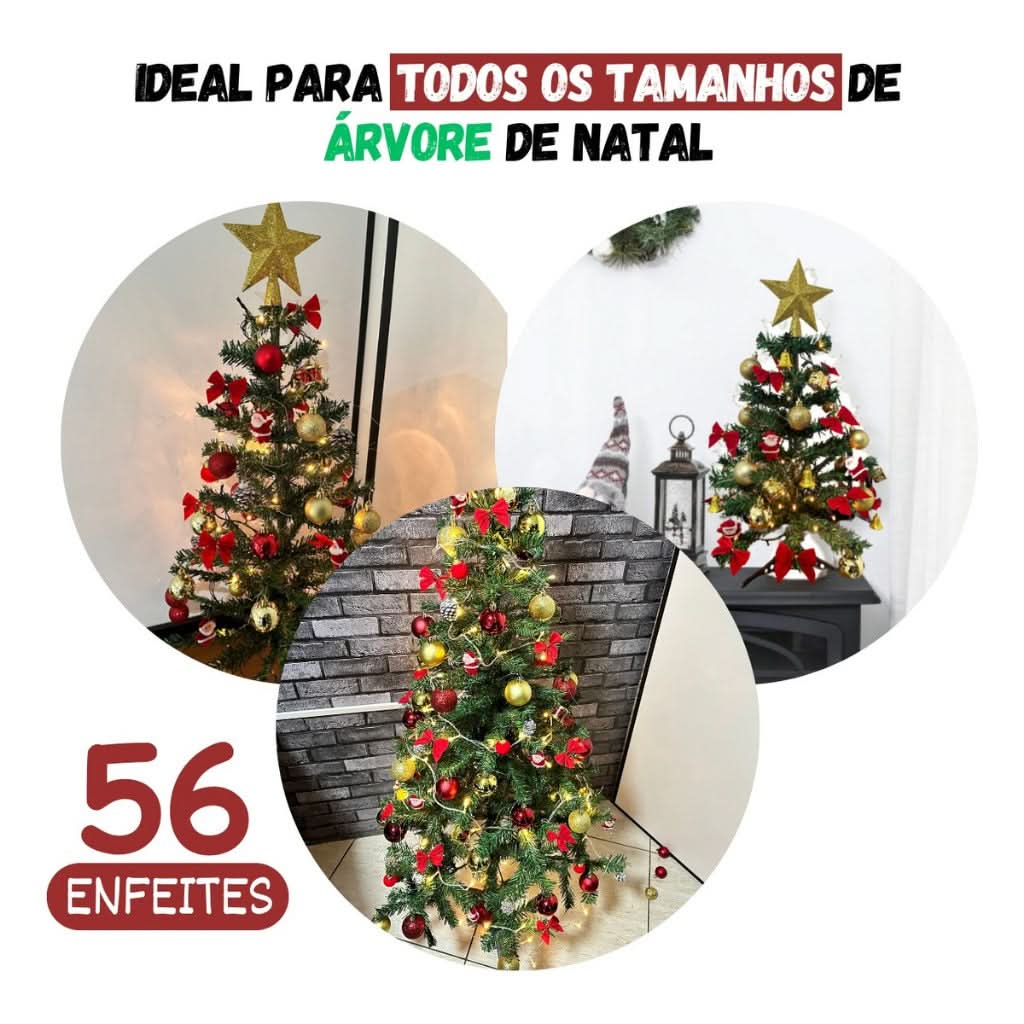 Kit 56 Enfeites para Decoração de Árvore de Natal - Bolinhas Pendentes com Luzes