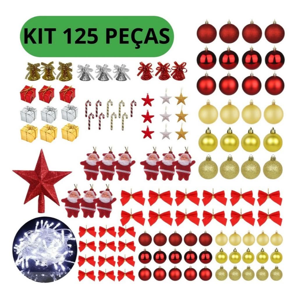 Kit de 125 Enfeites Pendentes para Árvores de Natal - Bolinhas com Luzes LED Pisca-Pisca