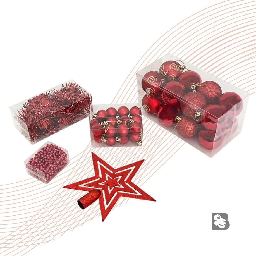 Conjunto de 44 Enfeites Natalinos para Árvore: Estrelas, Bolas, Festão, Cordão de Pérolas