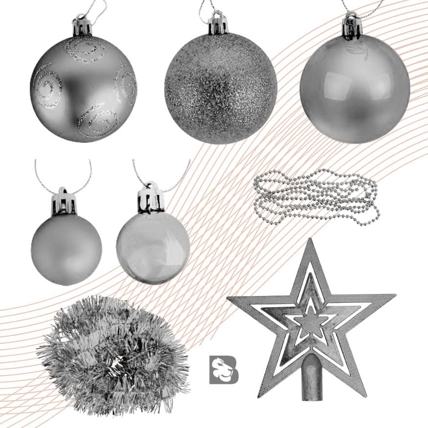 Conjunto de 44 Enfeites Natalinos para Árvore: Estrelas, Bolas, Festão, Cordão de Pérolas