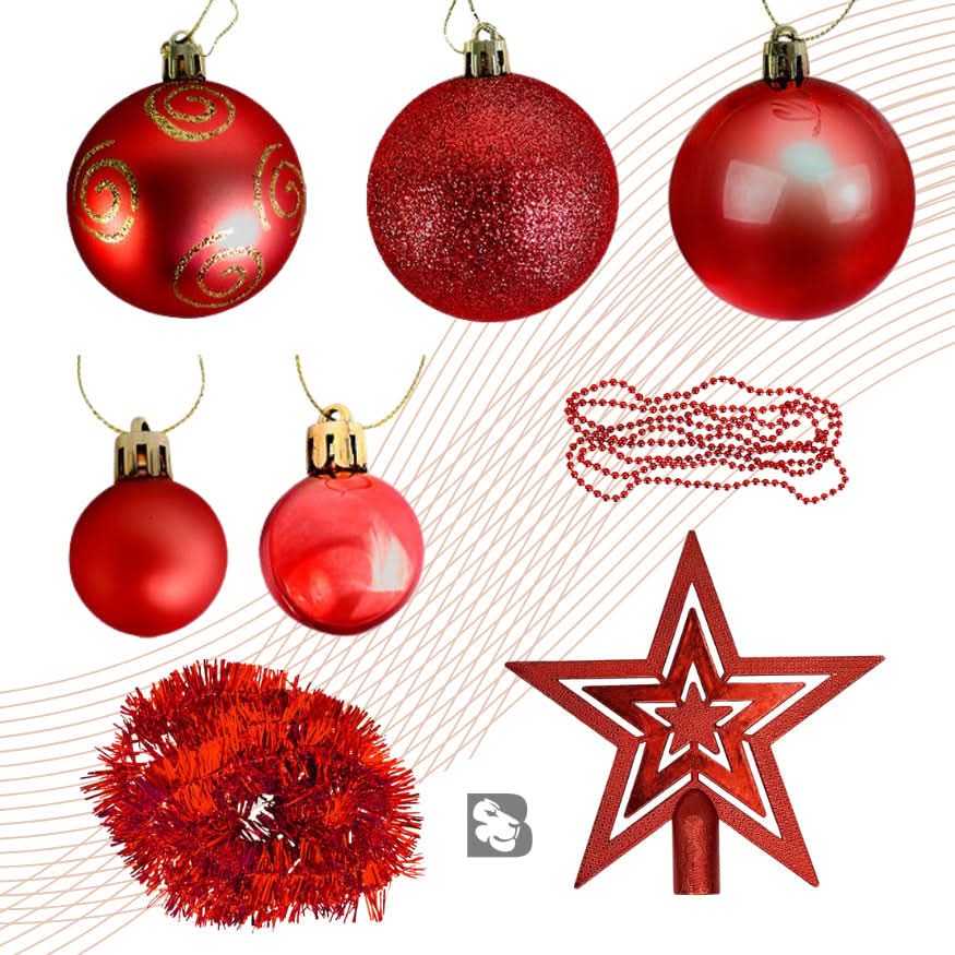 Conjunto de 44 Enfeites Natalinos para Árvore: Estrelas, Bolas, Festão, Cordão de Pérolas