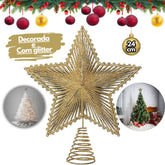Estrela Metalizada de 24cm com Glitter para Árvore de Natal