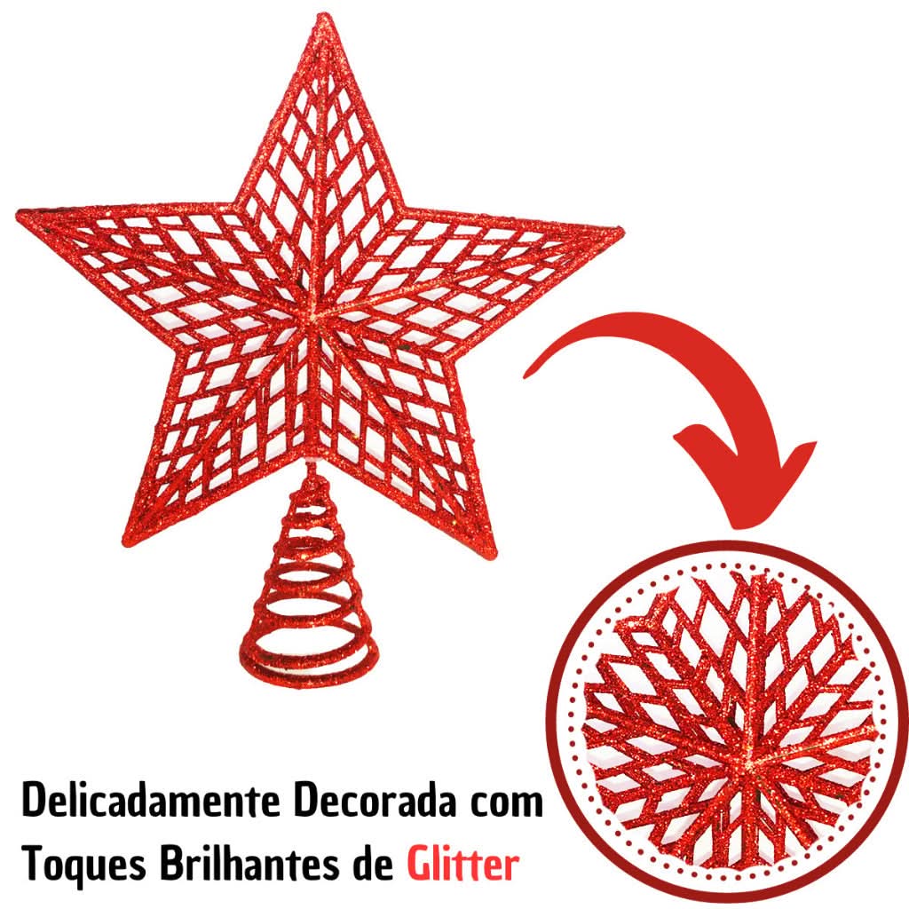 Estrela de Natal Brilhante com Glitter - Ponteira de 20cm para Decoração de Árvore
