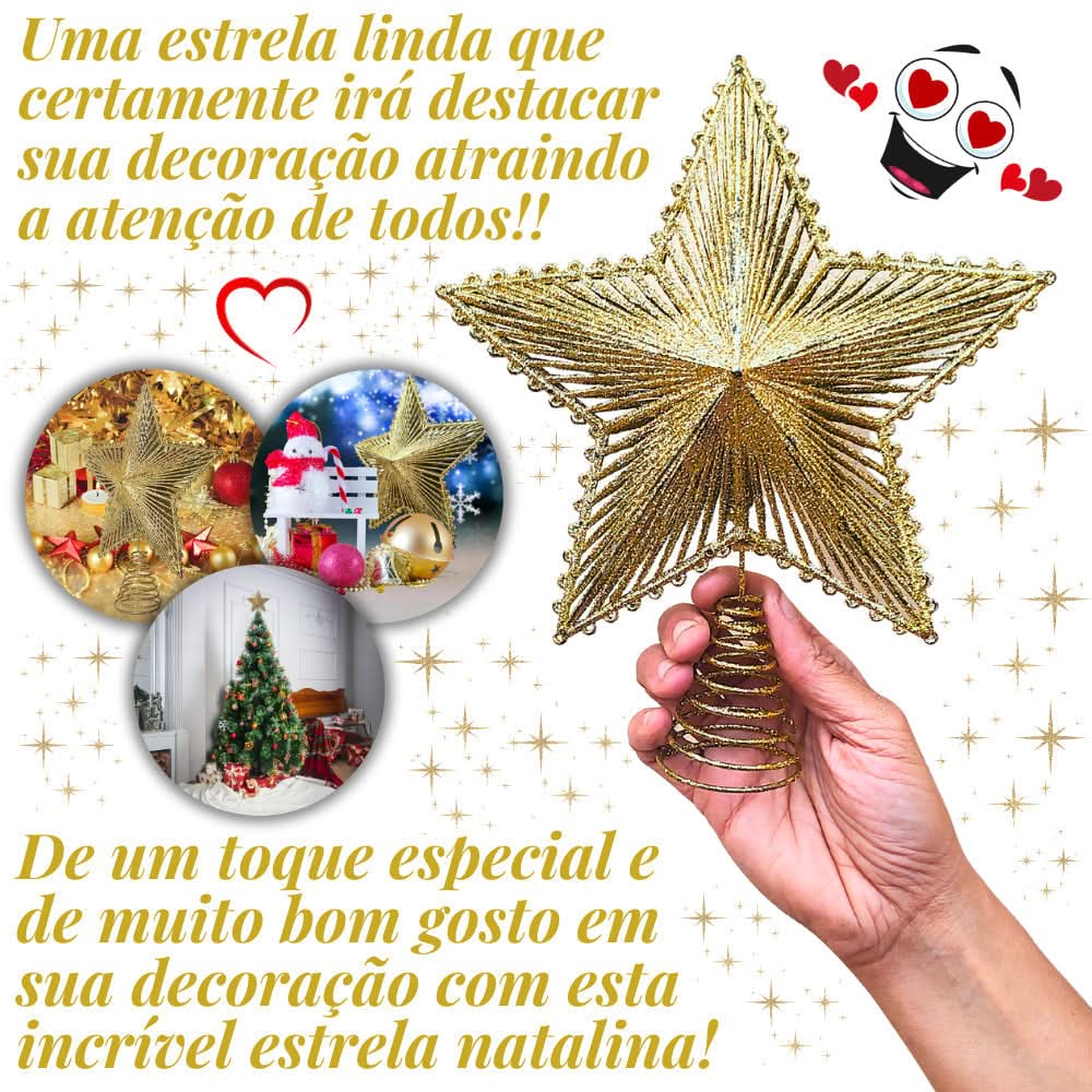 Estrela Metalizada de 24cm com Glitter para Árvore de Natal