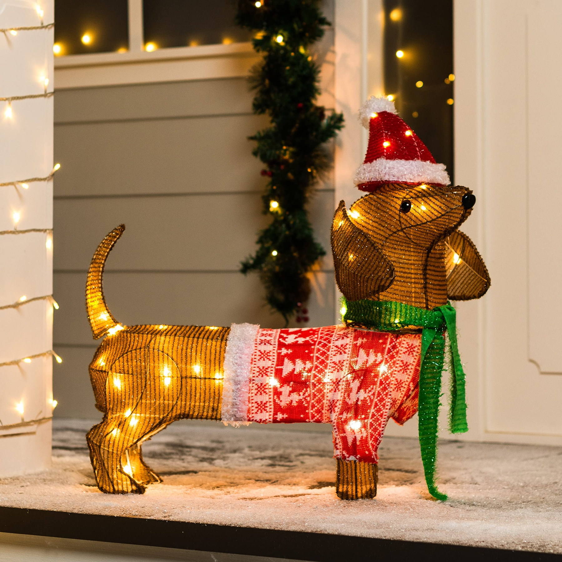 Lanterna de Jardim LED em Forma de Cachorro Salsicha com 40 LEDs Brancos Quentes – 61 cm