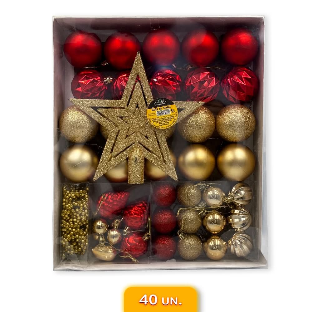 Conjunto de Enfeites de Natal: Bolas e Estrelas Douradas e Vermelhas - Completo