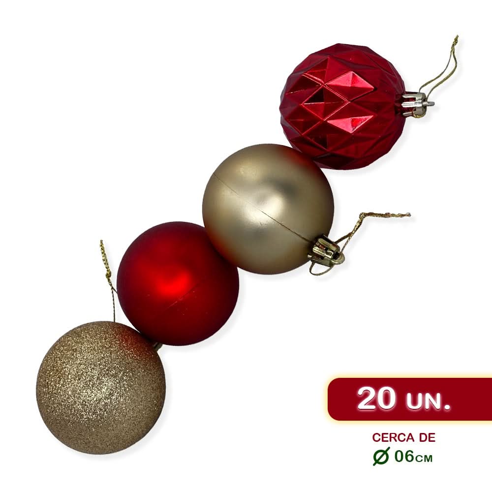 Conjunto de Enfeites de Natal: Bolas e Estrelas Douradas e Vermelhas - Completo