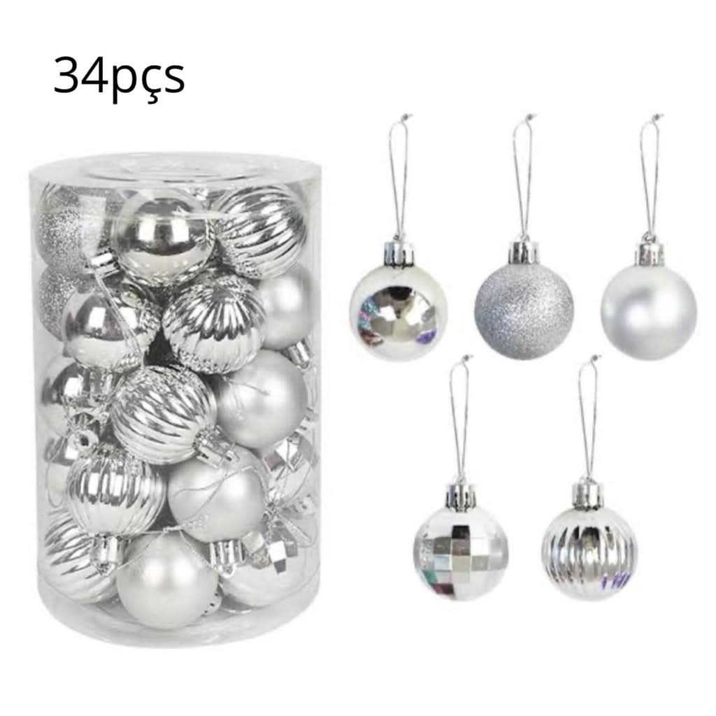 Conjunto de 34 Bolas de Natal Prateadas com Glitter - 6 cm