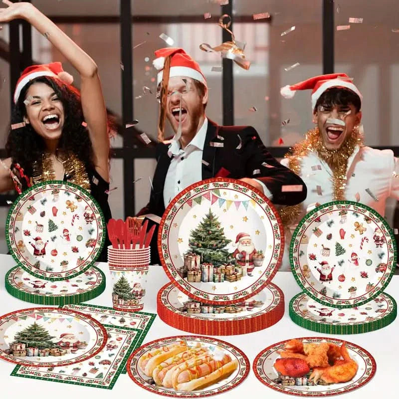 Conjunto de Utensílios para Festa de Natal - 140 Peças de Pratos, Copos e Talheres Descartáveis