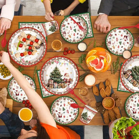 Conjunto de Utensílios para Festa de Natal - 140 Peças de Pratos, Copos e Talheres Descartáveis
