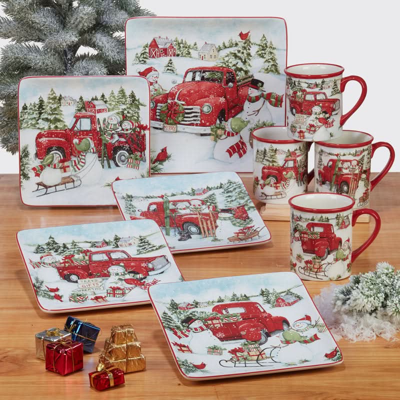 Conjunto de Louças de Porcelana com Estampa Natalina - 16 Peças para 4 Pessoas