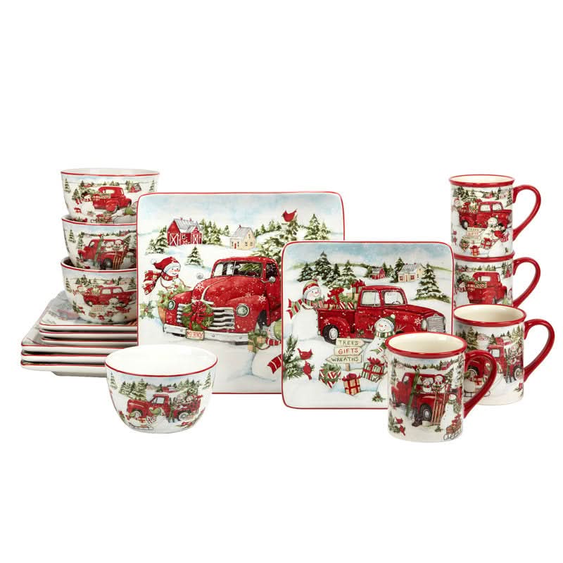 Conjunto de Louças de Porcelana com Estampa Natalina - 16 Peças para 4 Pessoas