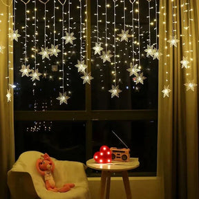 Decoração Natalina: Cortina de Luzes LED em Formato de Floco de Neve