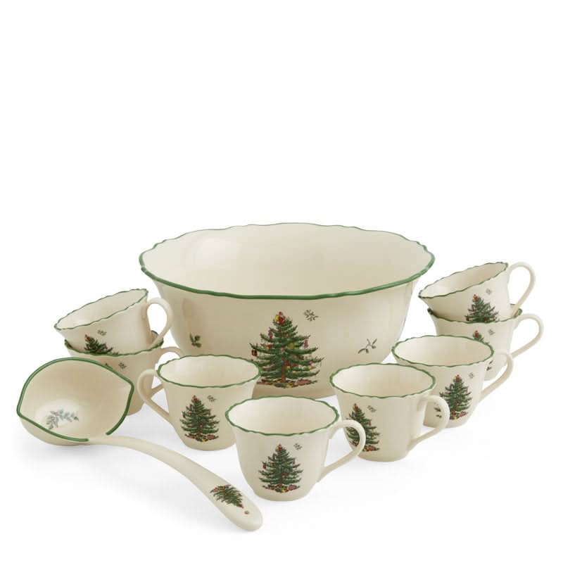 Conjunto de 10 Peças de Porcelana com Estampa de Árvore de Natal