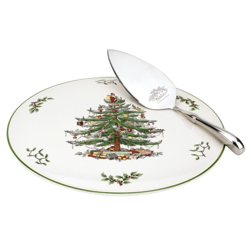 Conjunto de Prato e Espátula para Bolo - Design de Árvore de Natal