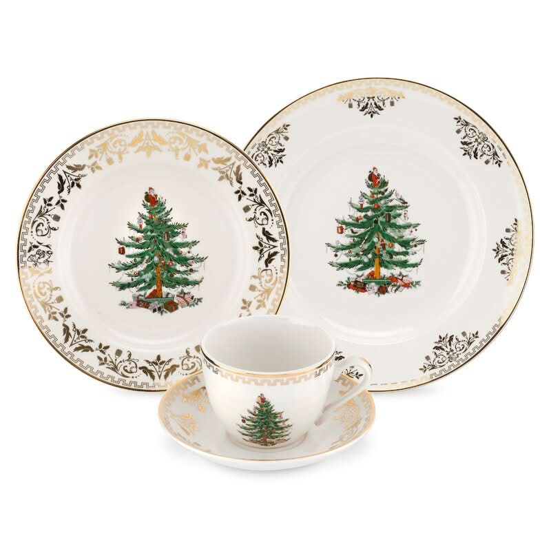 Conjunto de 4 Peças com Estampa de Árvore de Natal e Detalhes Dourados - Serviço Individual