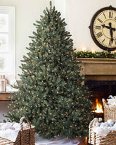 Árvore de Natal Blue Spruce Clássica com Galhos Flexíveis, Base Metálica e Micro LEDs Integrados