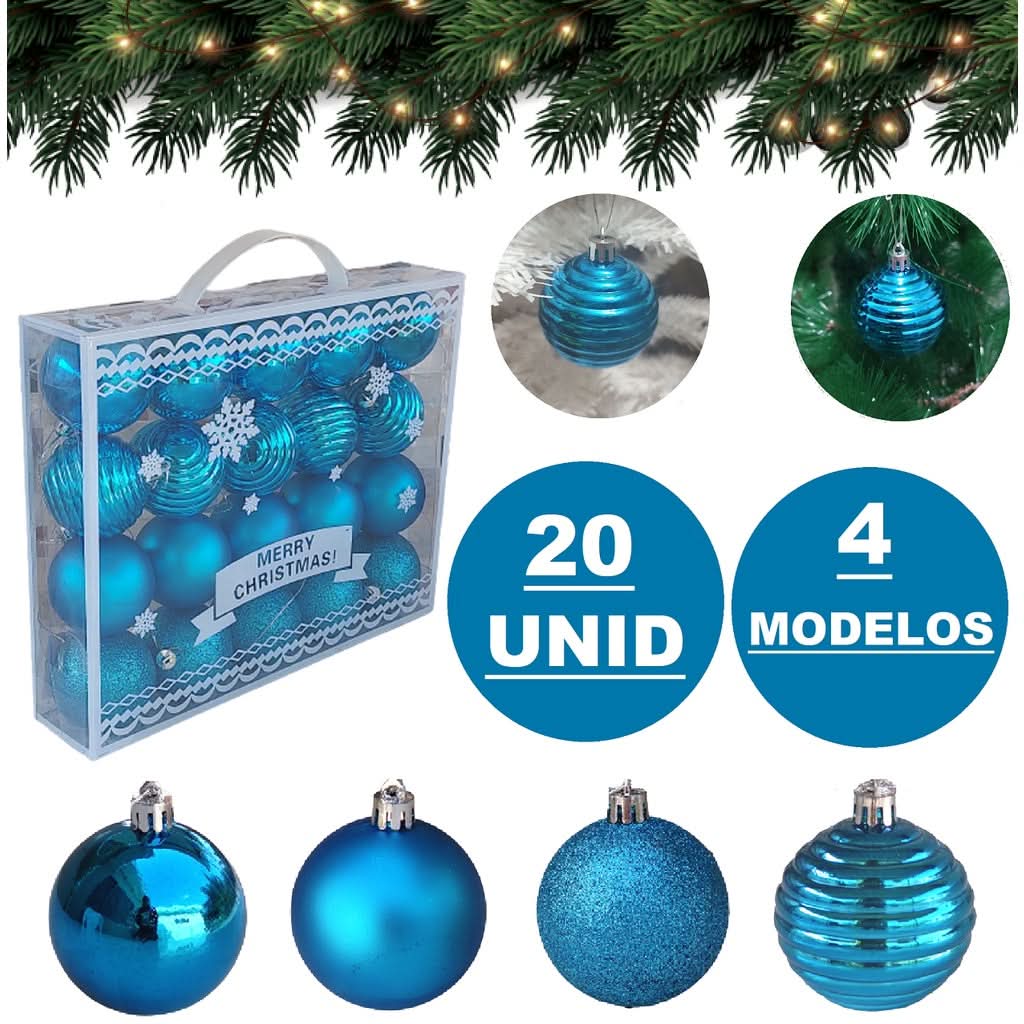 Conjunto de 20 Bolas de Natal Azuis Grandes com Glitter - 6cm