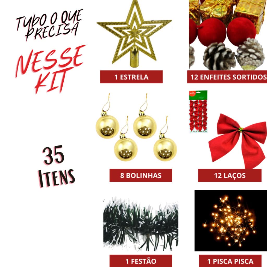 Conjunto de 35 Enfeites de Natal para Decoração de Árvore/Pinheiro: Bolinhas, Luzes Pisca-Pisca e Pendentes Luxuosos