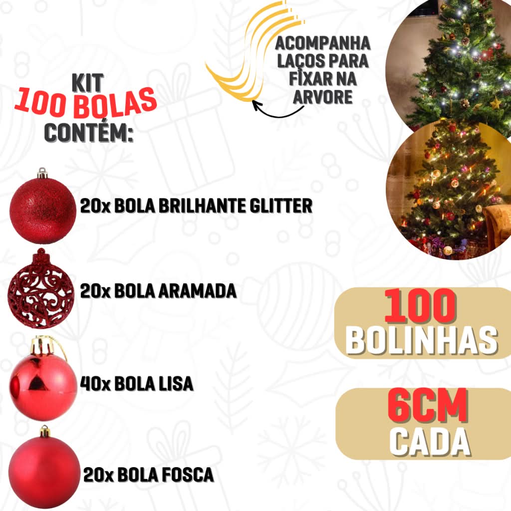 Conjunto com 100 Bolinhas Decorativas para Árvore de Natal - 6 cm
