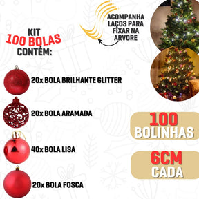 Conjunto com 100 Bolinhas Decorativas para Árvore de Natal - 6 cm