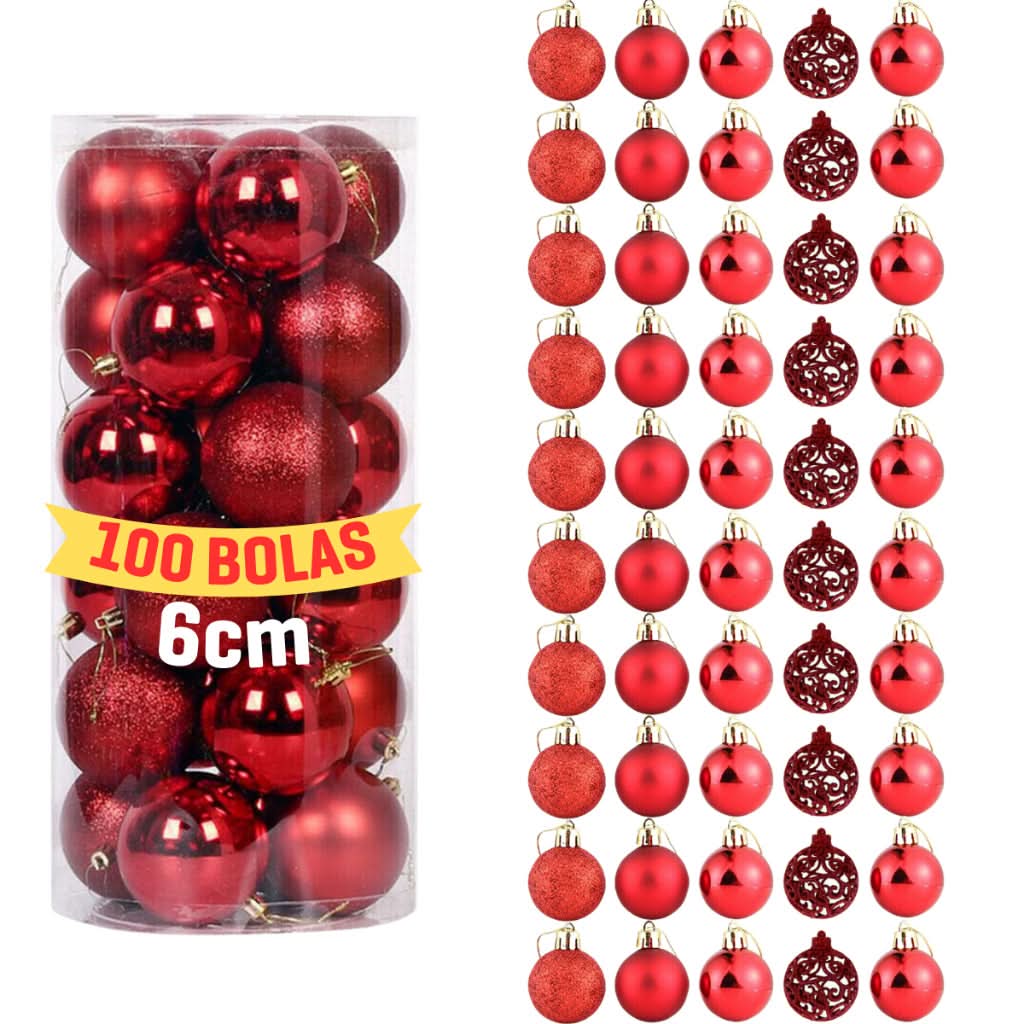 Conjunto com 100 Bolinhas Decorativas para Árvore de Natal - 6 cm