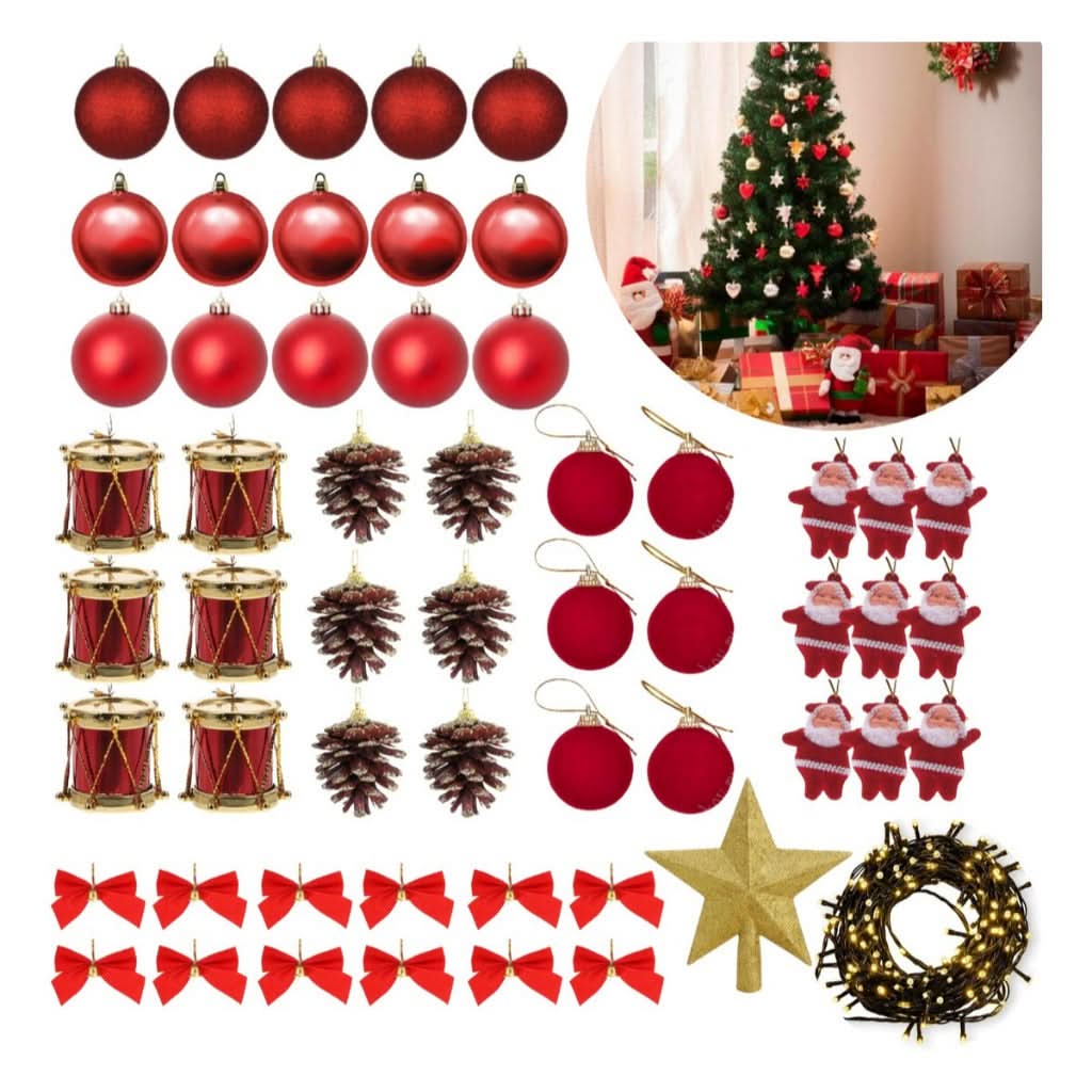 Kit 56 Enfeites para Decoração de Árvore de Natal - Bolinhas Pendentes com Luzes