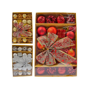 Conjunto de 24 Enfeites Natalinos em Bola com Laço para Decoração de Árvore de Natal - Vermelho, Dourado e Prata