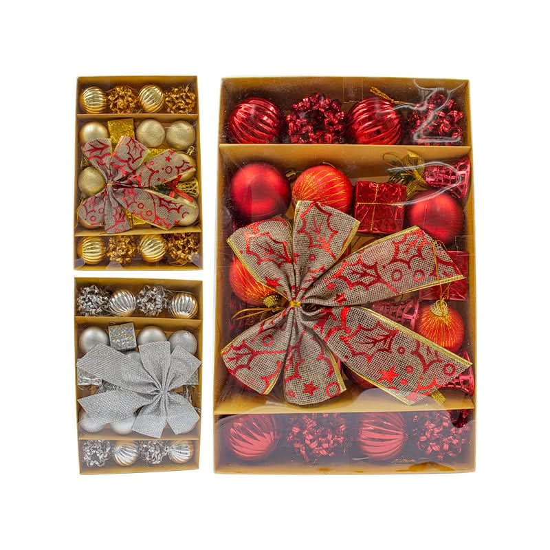 Conjunto de 24 Enfeites Natalinos em Bola com Laço para Decoração de Árvore de Natal - Vermelho, Dourado e Prata