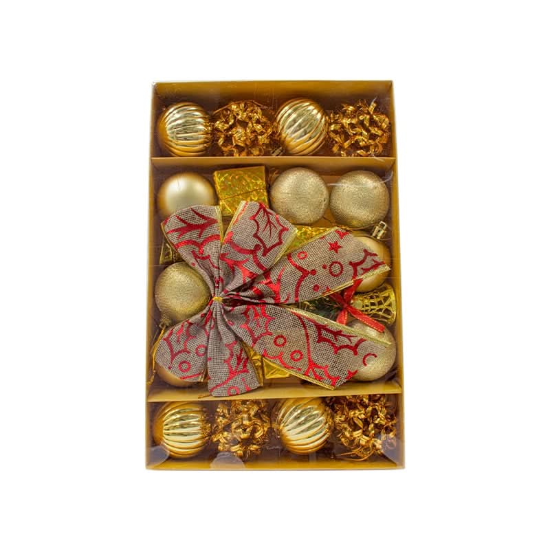Conjunto de 24 Enfeites Natalinos em Bola com Laço para Decoração de Árvore de Natal - Vermelho, Dourado e Prata
