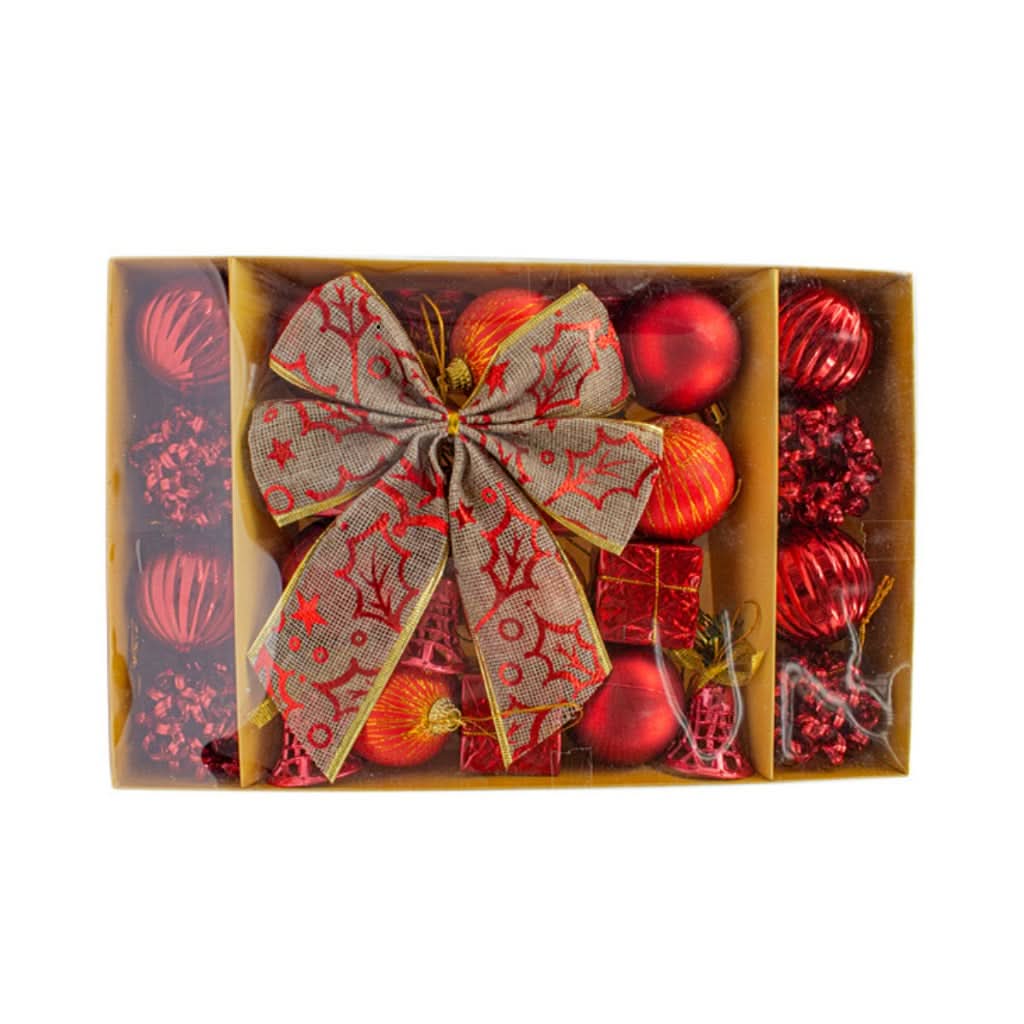 Conjunto de 24 Enfeites Natalinos em Bola com Laço para Decoração de Árvore de Natal - Vermelho, Dourado e Prata