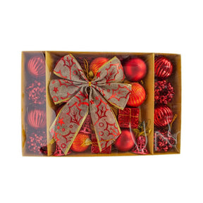 Conjunto de 24 Enfeites Natalinos em Bola com Laço para Decoração de Árvore de Natal - Vermelho, Dourado e Prata