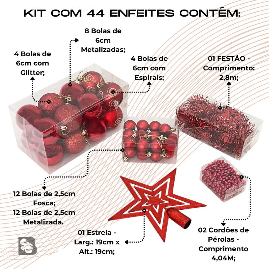 Conjunto de 44 Enfeites Natalinos para Árvore: Estrelas, Bolas, Festão, Cordão de Pérolas