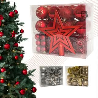 Conjunto de 44 Enfeites Natalinos para Árvore: Estrelas, Bolas, Festão, Cordão de Pérolas