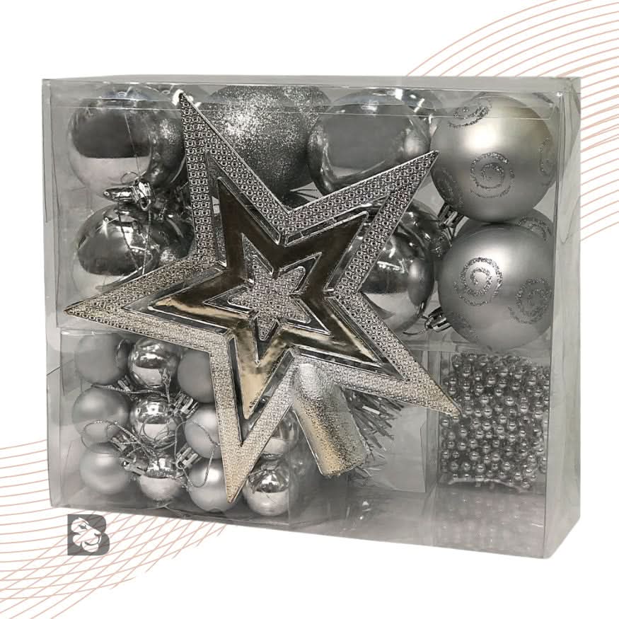 Conjunto de 44 Enfeites Natalinos para Árvore: Estrelas, Bolas, Festão, Cordão de Pérolas