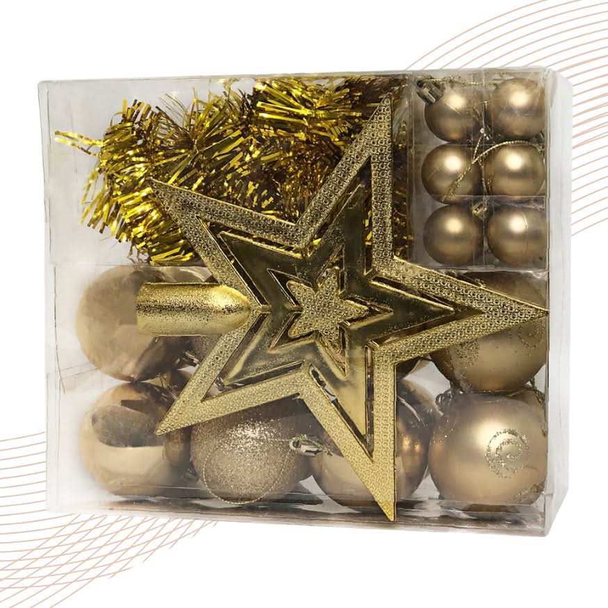 Conjunto de 44 Enfeites Natalinos para Árvore: Estrelas, Bolas, Festão, Cordão de Pérolas
