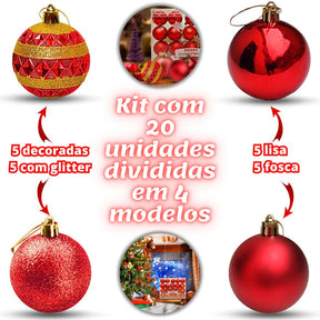 Conjunto de 20 Bolas de Natal Grandes 6cm Decoradas em Fosco com Glitter