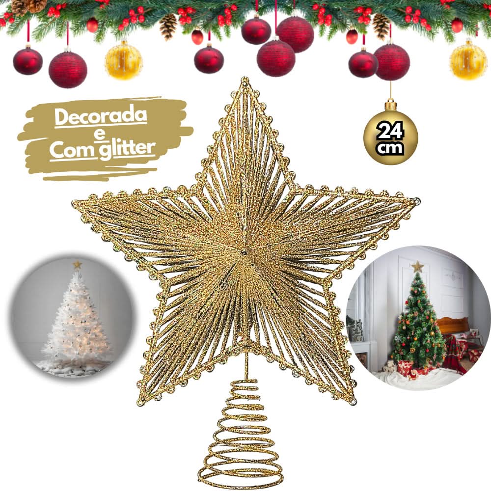 Estrela Metalizada de 24cm com Glitter para Árvore de Natal
