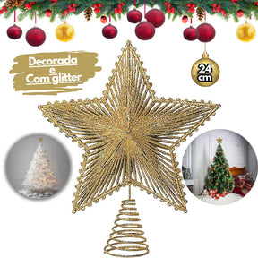 Estrela Metalizada de 24cm com Glitter para Árvore de Natal