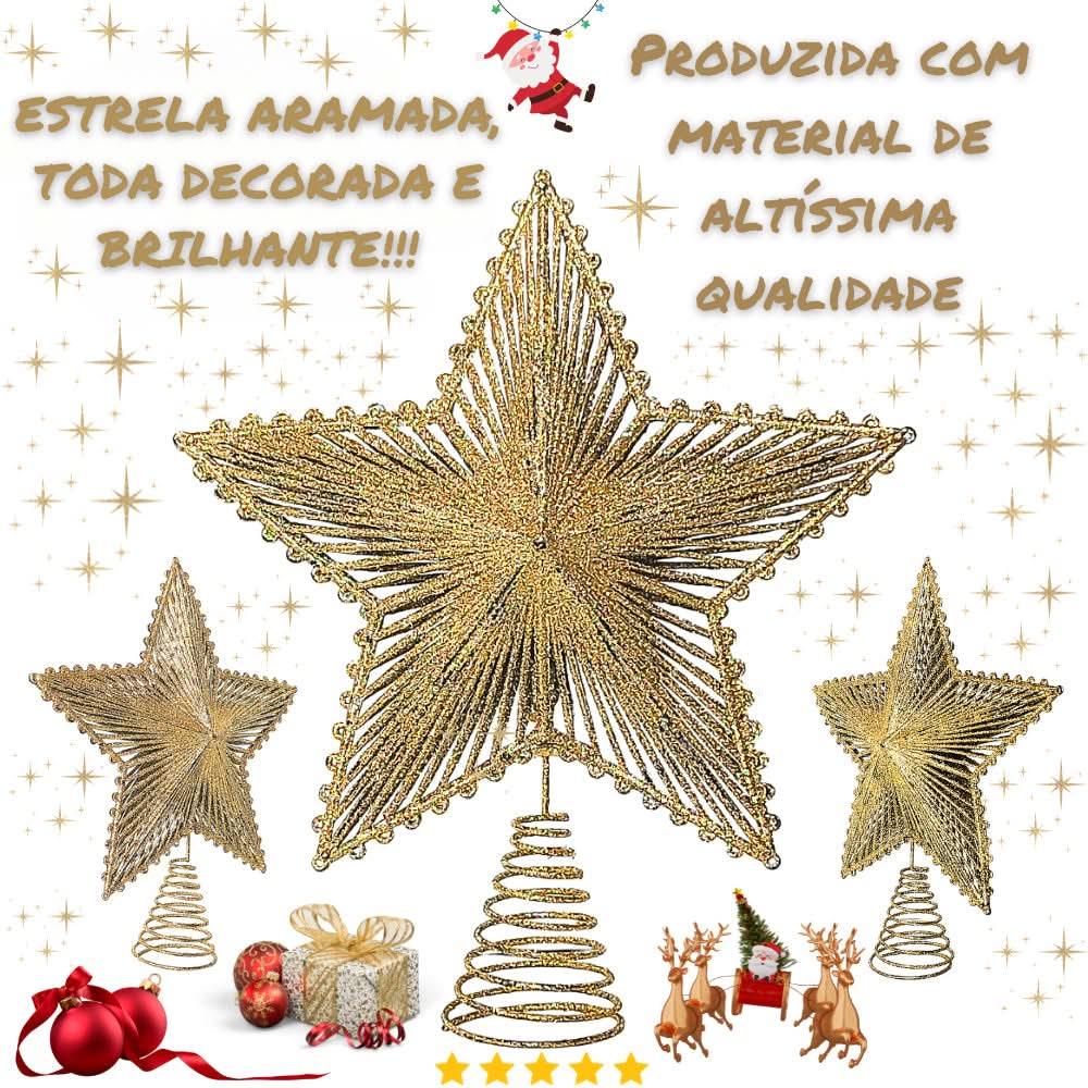 Estrela Metalizada de 24cm com Glitter para Árvore de Natal